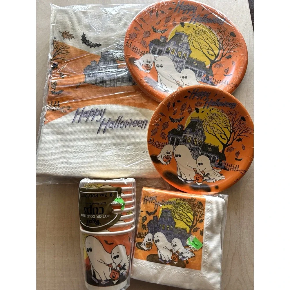 Vtg Halloween Party LOT of 5 CA Reed Haunted House Ghost Plates Tablecloth Cups